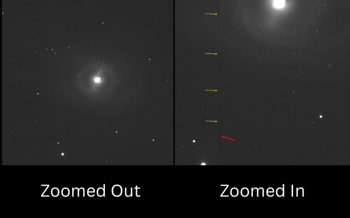 Two side-by-side images. Left image shows a bright sphere at the centre with a faint grey, cloudy bar cutting through in the background and the a faint grey, cloudy circle surrounding it. The rest of the image is dark grey with a few small, white dots of stars. A faint, thin, vertical, black runs from top to bottom centre-left of the image. The image on the right shows a zoomed in portion, with yellow arrows and a single red arrow pointing at the black, vertical line.