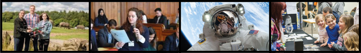 Collage of four images depicting different careers: a group of people operating a drone in a rural area, a woman speaking at a conference or formal event, an astronaut in space during a spacewalk, and a group of children interacting with a presenter at a science exhibit