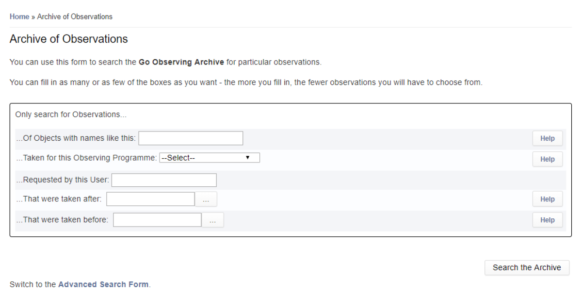 A screenshot of a search form with options "Of objects with names like this", "Taken with this observing program", "Requested by this user", "That were taken after", and "That were taken before".