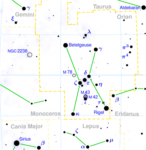 Star map highlighting the Orion constellation and its neighboring constellations, such as Gemini, Taurus, and Canis Major. Major stars like Betelgeuse and Rigel are labeled, along with other notable objects like the Orion Nebula (M42)