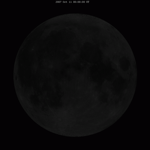 Animation showing the apparent motion of the Moon from a fixed point on Earth, illustrating the phenomenon of lunar libration, where the Moon appears to wobble slightly as it orbits Earth