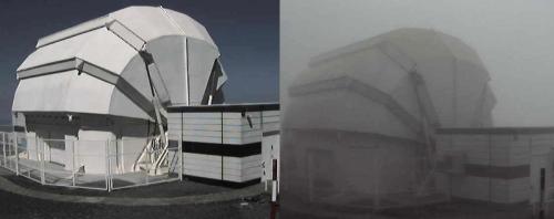 Two side by side images of a closed telescope dome. On the left, the dome can be seen clearly, but on the right there is fog obscuring it from view.