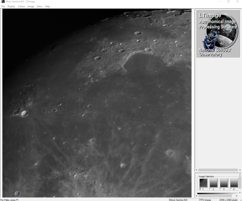 A screenshot of a piece of software. Most of image is a close up section of the moon. Buttons above this are "File", "Display", "Colour", "Image", "Astro", and "Help".