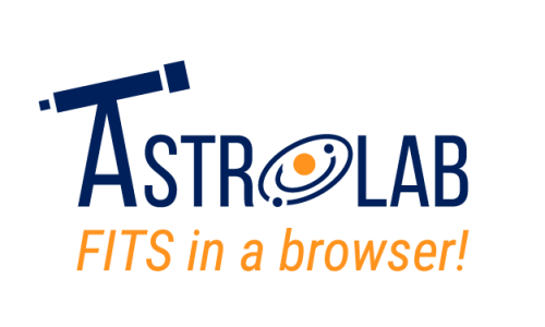 The word "AstroLab" in lab, with a telescope balanced on top of the letter A and the letter O being a small orange circle with blue ovals representing orbits going around it. Underneath this it reads "FITS in a browser!" in orange text.