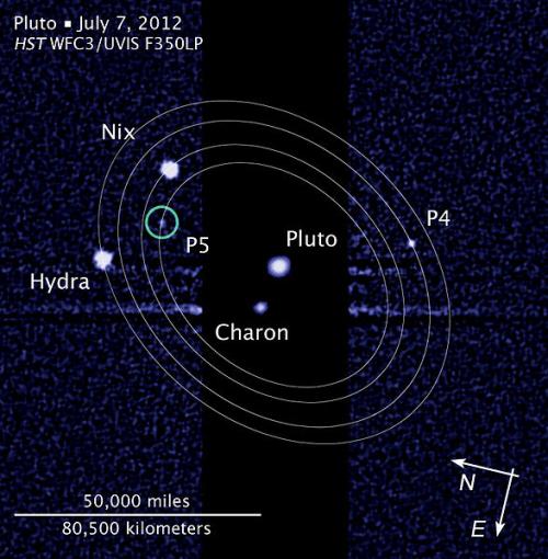 Image of Pluto and its five moons: Charon, Nix, Hydra, and the recently discovered P4 and P5, captured by the Hubble Space Telescope