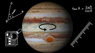 The image shows the planet Jupiter. There are graphics surrounding Jupiter that show maths angles, equations, data and a measuring ruler.