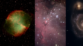 Three nebulae are displayed side by side. On the left is the Dumbbell Nebula (M27), a cloud of gas shaped like an hourglass, glowing in red and blue. The Eagle Nebula (M16) is in the middle, famous for its 'Pillars of Creation'. These are tall, tower-like structures made of gas and dust. On the right is the Whirlpool Galaxy (M51), a spiral galaxy that looks like a swirling whirlpool with bright arms and a glowing centre.