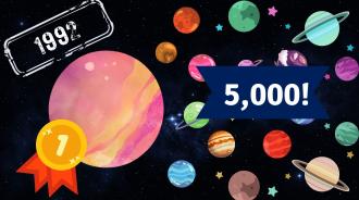 A graphic showing los of cartoon planets, the numbers 1992 and 5000.