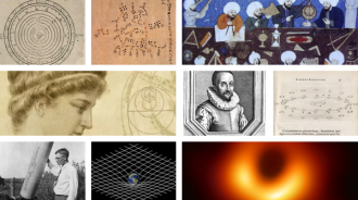 A collage of images of significant figures and discoveries from the history of astronomy