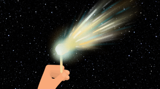 A hand holding a lolly-pop stick. A comet is attached to the end of the stick. There is a starry black background.