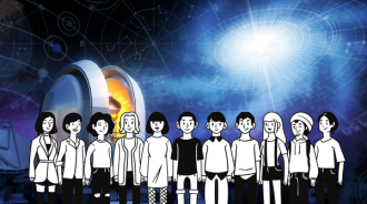 A crowd of cartoon people standing in front of an unfamiliar planet with a galaxy visible in the sky above