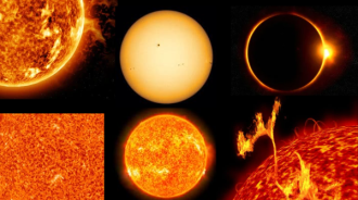 Close up images of the Sun including solar flares, sunspots, and a solar eclipse