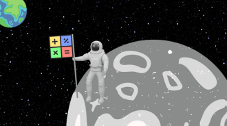 A cartoon astronaut is standing on the moon, holding a flag. The flag has math symbols on it: plus (+), divide (÷), multiply (×), and equals (=). The astronaut and moon are on the right side of the image. In the top left corner, there is a view of the Earth. The background is a dark sky filled with stars.