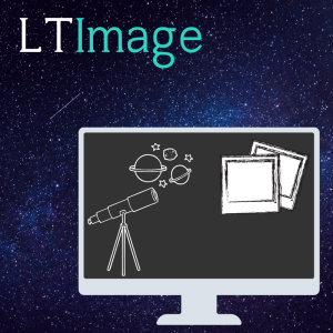 There is a dark blue, starry background. In the top left corner is the word "LTImage". The LT text is white, and the Image text is light blue. A large graphic of a grey computer takes up most of the rest of the space. The screen is dark grey and shows a graphic of a telescope with planets and stars, and also a graphic of two printed images.