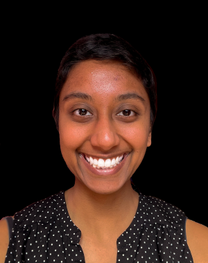 A photograph of Divya Persaud on a black background