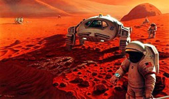 Illustration of astronauts exploring the surface of Mars, with a rover vehicle nearby and a Martian landscape featuring red soil and distant hills