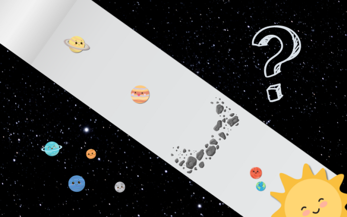 A cartoon graphic of a long piece of paper with graphics of the planets placed in diffeerent locations on it. To one end sits the Sun. Some planets are to the side not yet placed on the paper and there is a question mark in the background.