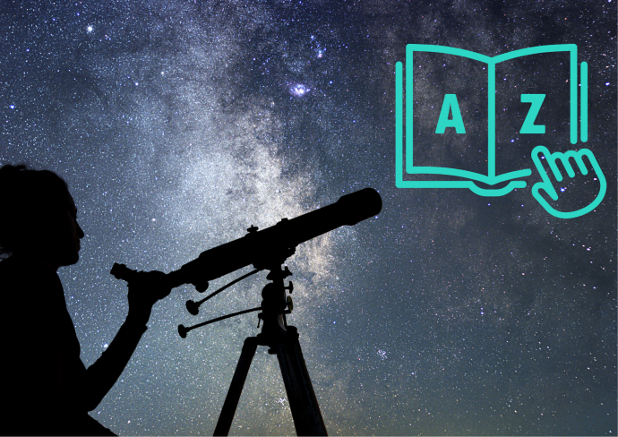 The image shows a person looking through a telescope silhouetted against a starry night sky, with a clear view of the Milky Way. On the right side, there is an icon of a book labeled "A-Z," indicating a glossary