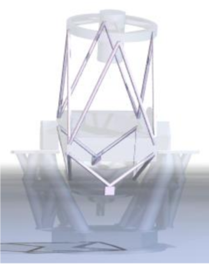 An architect draft of a large robotic telescope. The white trusses (steel columns that form triangular supports between the mirror at the top and the mirror in the centre) are highlighted.