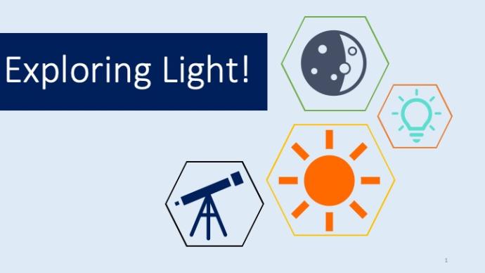 The text Exlporing light with small icons representing a telescope, the Moon, the sun and a light bulb