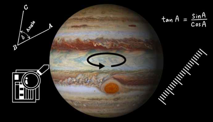 The image shows the planet Jupiter. There are graphics surrounding Jupiter that show maths angles, equations, data and a measuring ruler.