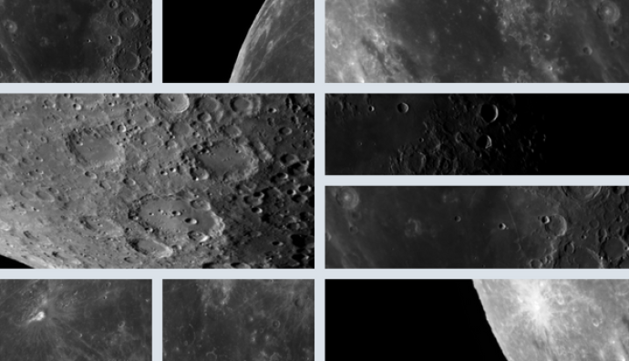 A collage of close-up images of the moon's surface, showing craters and textured lunar terrain from different angles.