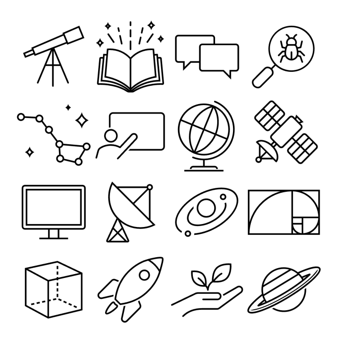 Set of black-and-white line icons representing various science and space-related concepts, including a telescope, book, speech bubbles, magnifying glass, constellation, globe, satellite, computer, satellite dish, planetary system, golden ratio, cube, rocket, plant in a hand, and Saturn