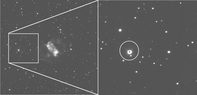 Two side-by-side images. On the left, there is a cloudy nebula in the middle in shades of grey and white against a black background that has small, white dots of stars scattered throughout. The outline of a white box is placed over a part of the image, and two lines extend from the far left corners to the top right and left of the next image on the right. This shows a zoomed0in view, white a white circle outlining a bright, white star with a dark black smudged dot in its centre.